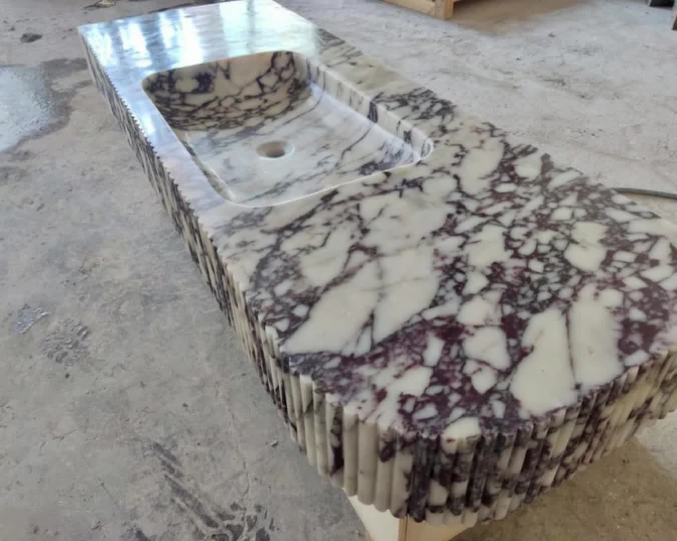 Solid Calacatta Viola Marble Sink Flute Side Bathroom Vanity