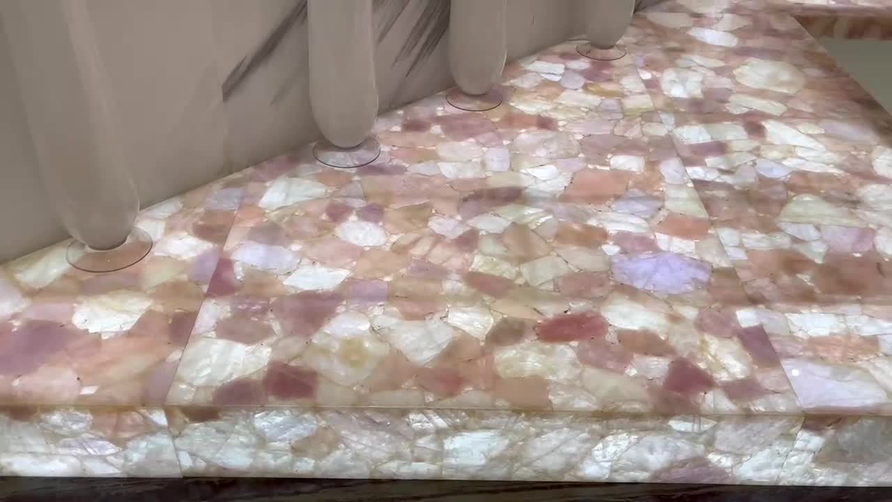 Pink Crystal Quartz Semiprecious Stone Bathroom Counter Unit