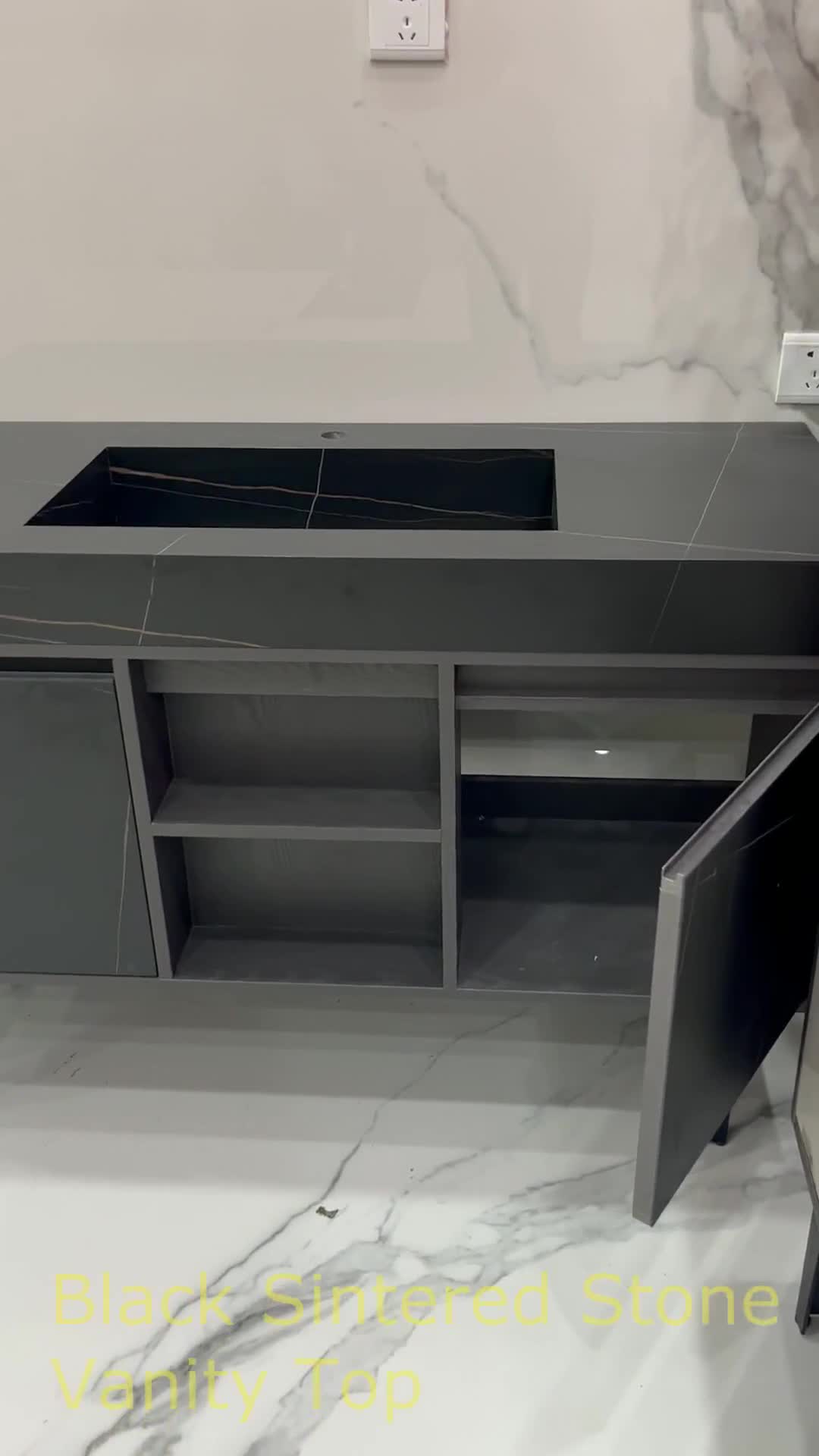 Black Sintered Stone Vanity Luxury Bathroom Vanity Cabinets