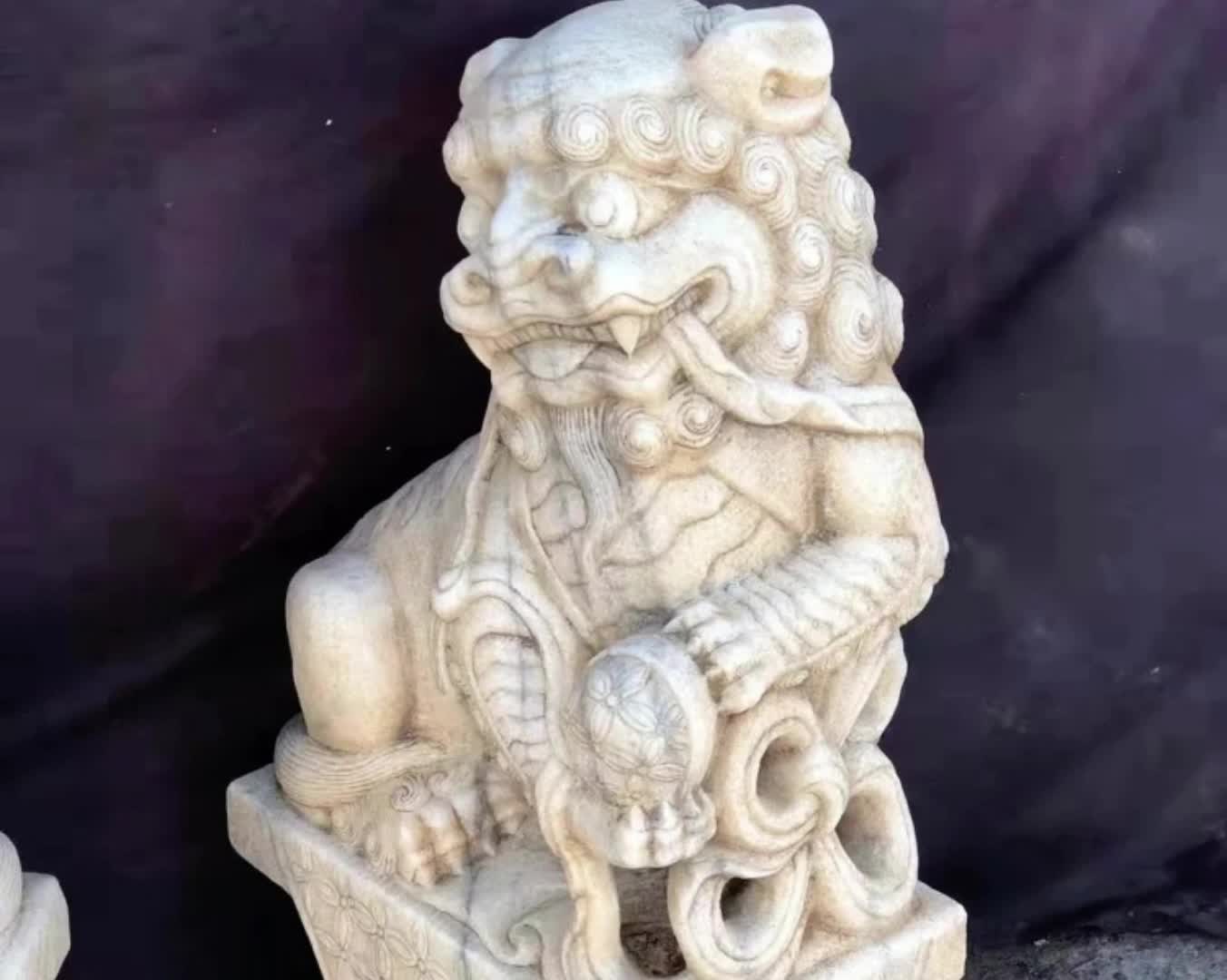 Natural Stone Lion Statue White Marble Guardian Lions Sculpture