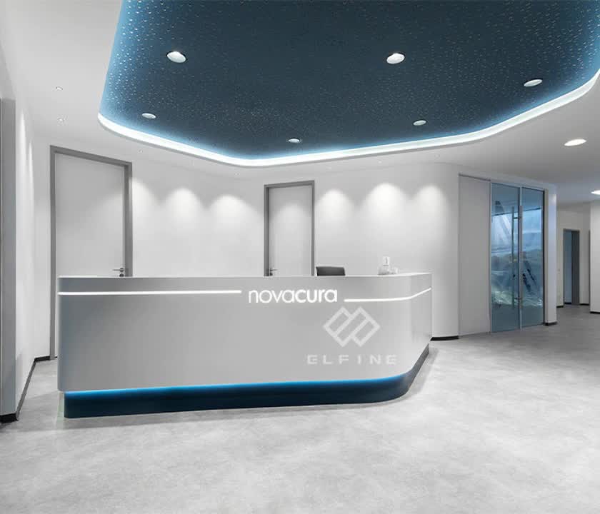Custom Logo Two Person White Artificial Marble Curved Reception Desk