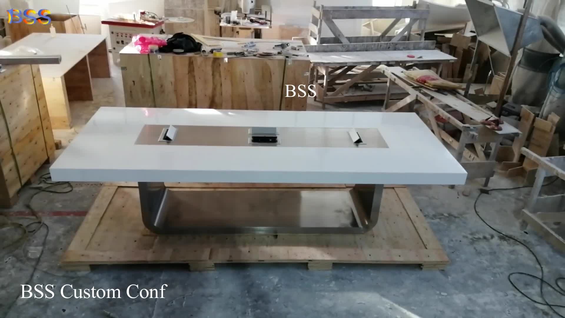 10' Conference Table On Sale White Quartz With Power Socket