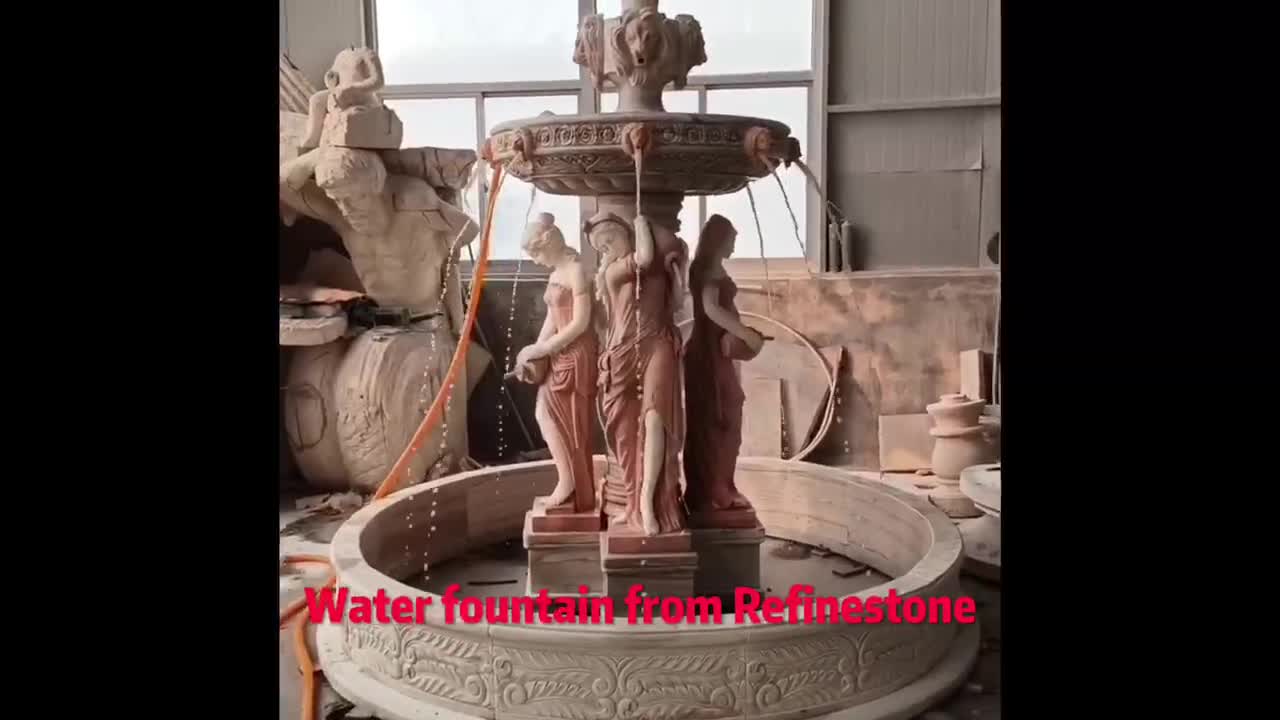 Sunset Red Marble Garden Lion Fountain Carving Marble