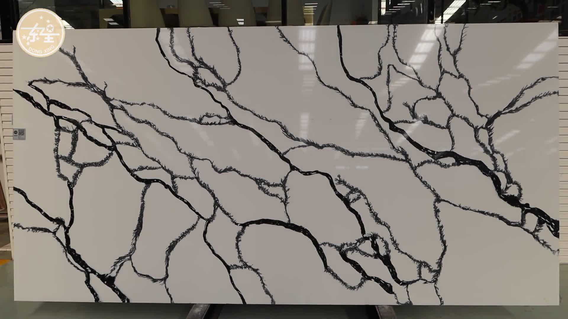 DXQ8035 Carrara Black Vein Quartz Stone Glossy Slabs