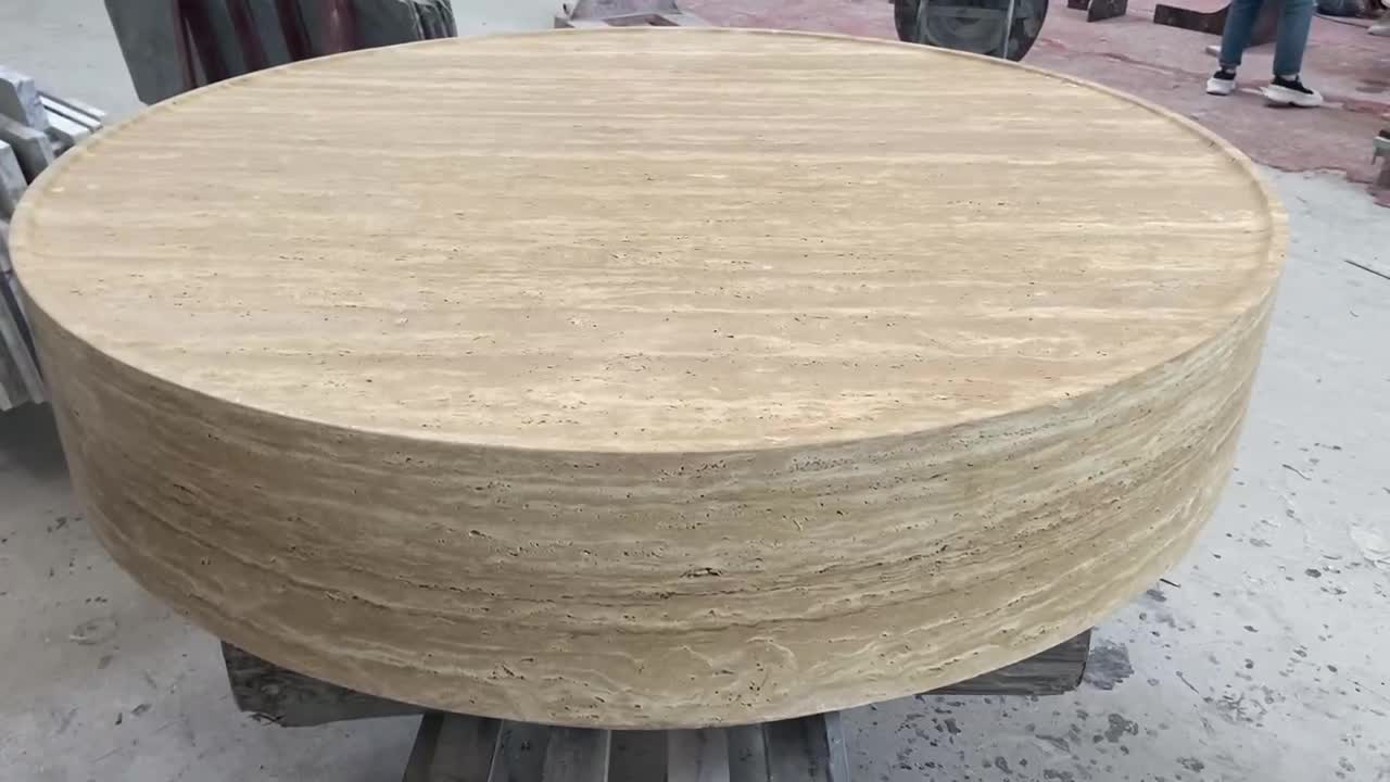 Beige Travertine Big Round Drum Coffee Table