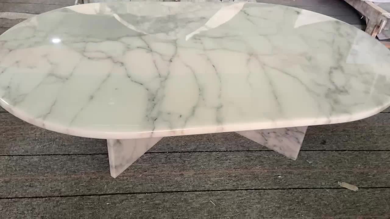Carrara White Marble Oval Coffee Table With Angled Base
