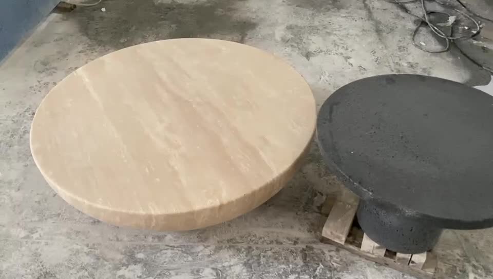 Geometry Design Drum Carved Round Travertine Coffee Table