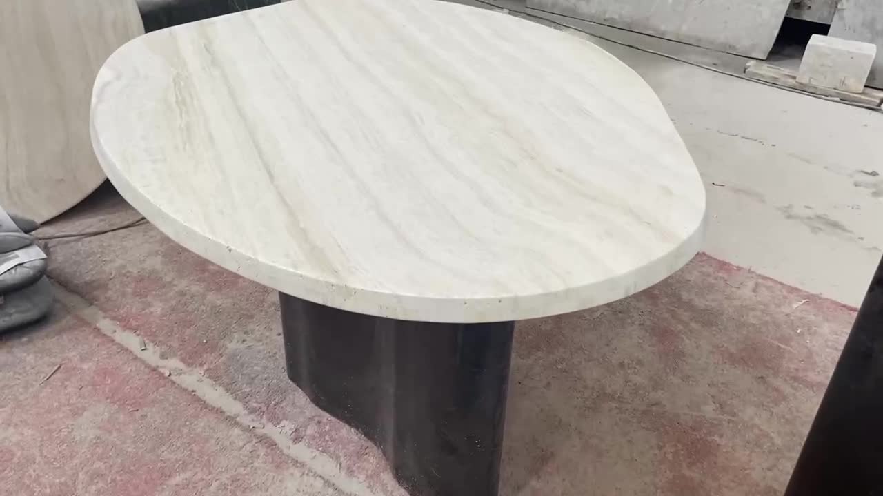 Ivory White Travertine Dining Table With Tri Cylinder Base