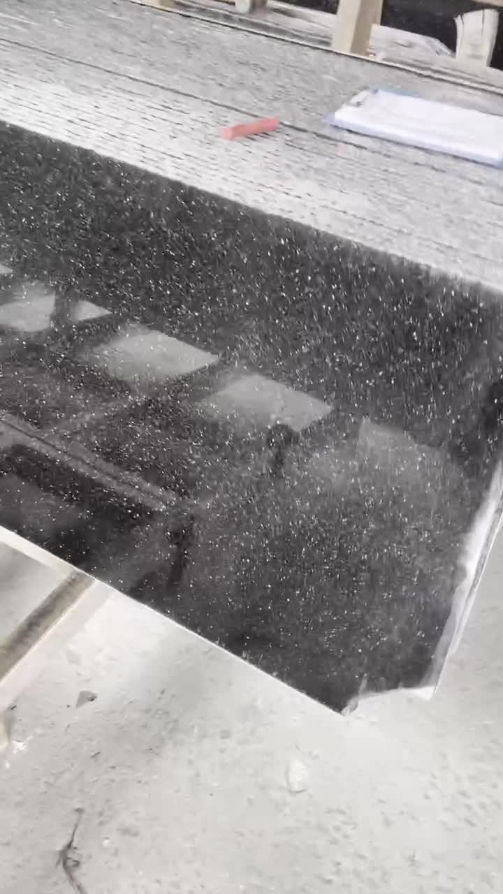 Polished Black Galaxy Kitchen Countertop With Sink Cutouts