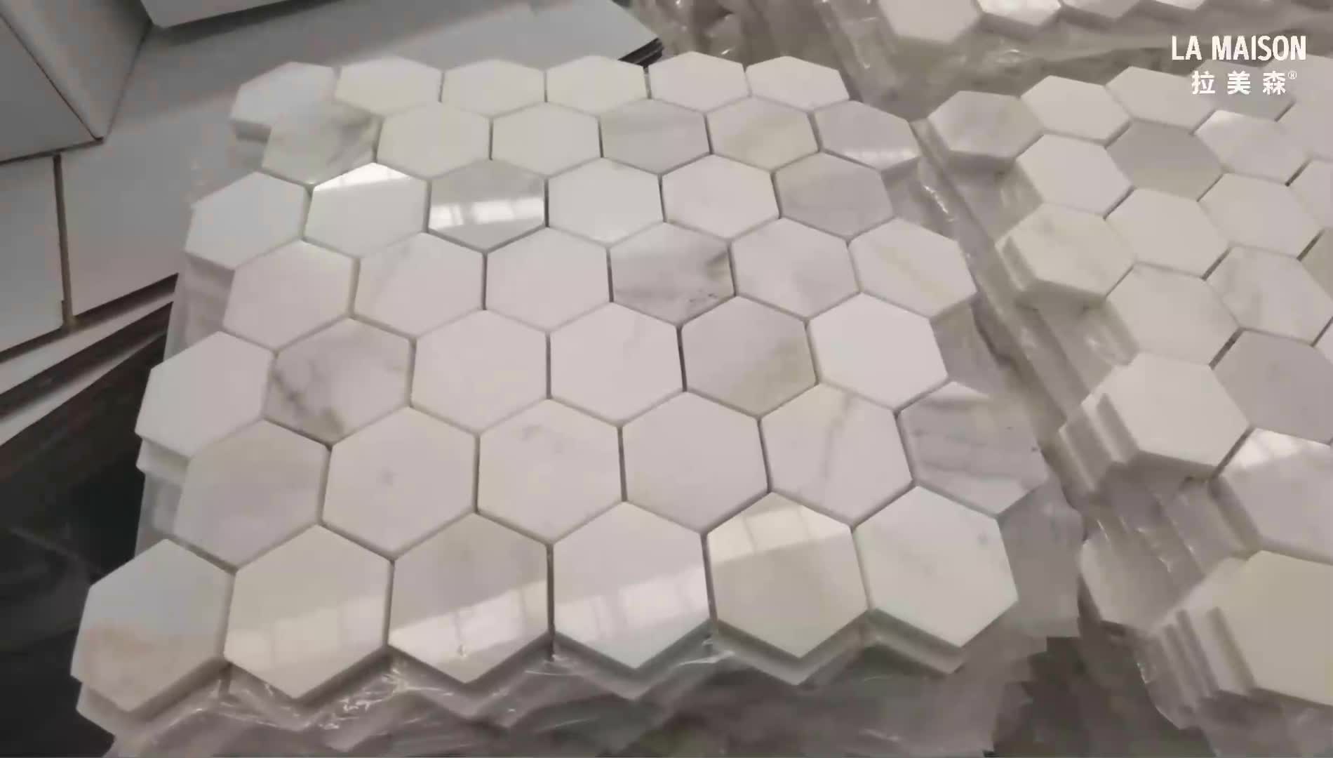 Calacatta Gold Marble Polished Hexagon Mosaic Pattern