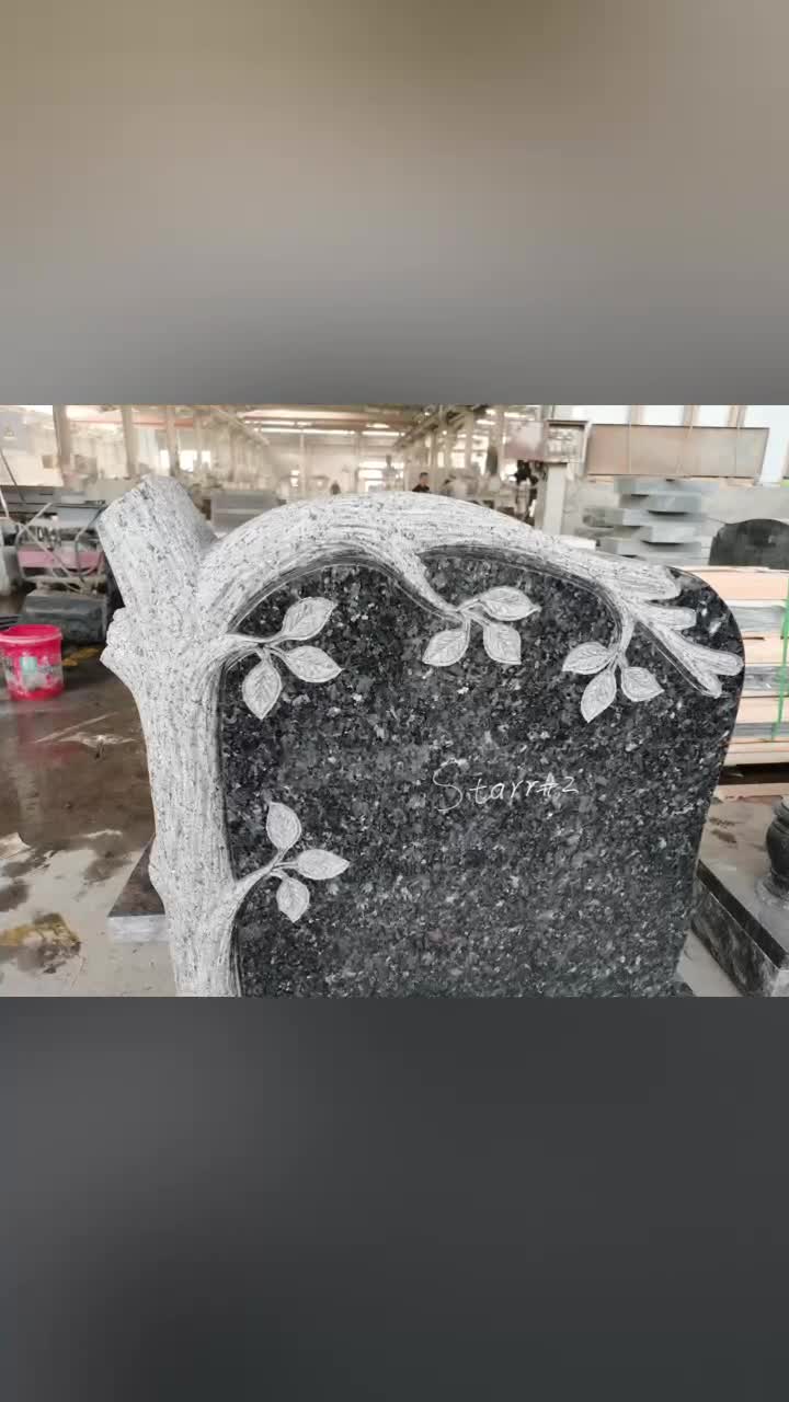 Blue Pearl Granite Engraved Tombstone With Tree Trunk