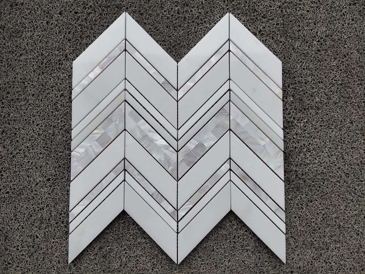 Carrara & Pearl Shell Honed Marble Chevron Mosaic Tile