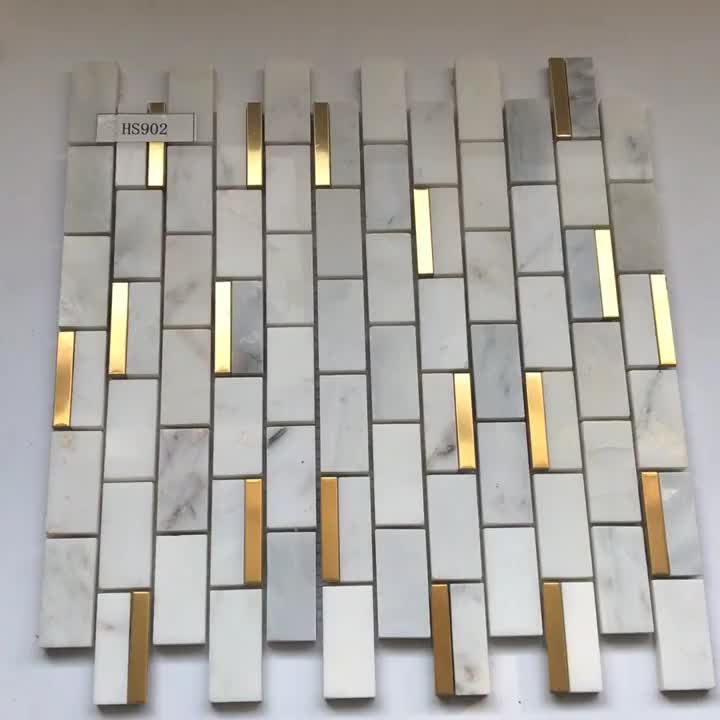 Brass Inlaid Cararra White Marble Stone Mosaic Tiles