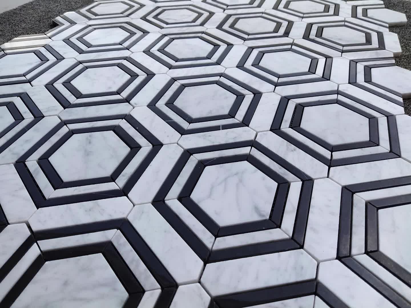 Carrara Bianco Honed Hexagon Nero Strip Mosaic Tiles