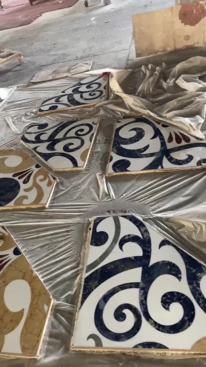 Blue Sodalite Stone Waterjet Inlay Pure White Marble Floor Medallions