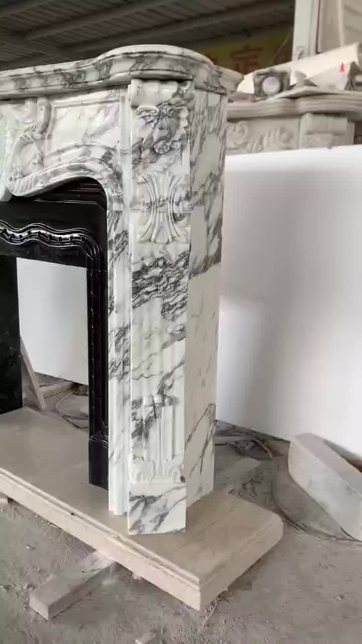 Sculptured White Marble Indoor Fireplace Mantel Surround