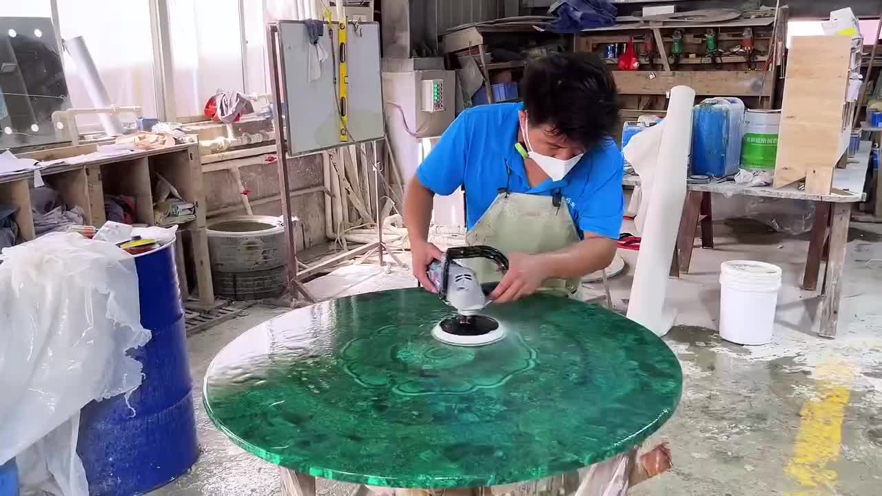 Advanced Craftsmanship Peacock Green Semiprecious Stone Table Tops