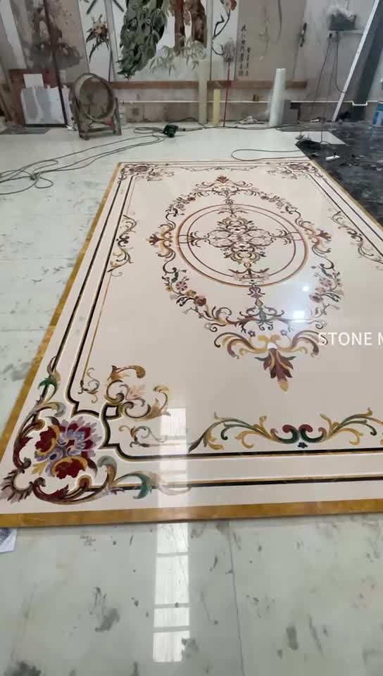 Water-Jet Marble Tile Inlay Medallion Corridor Floor Grey