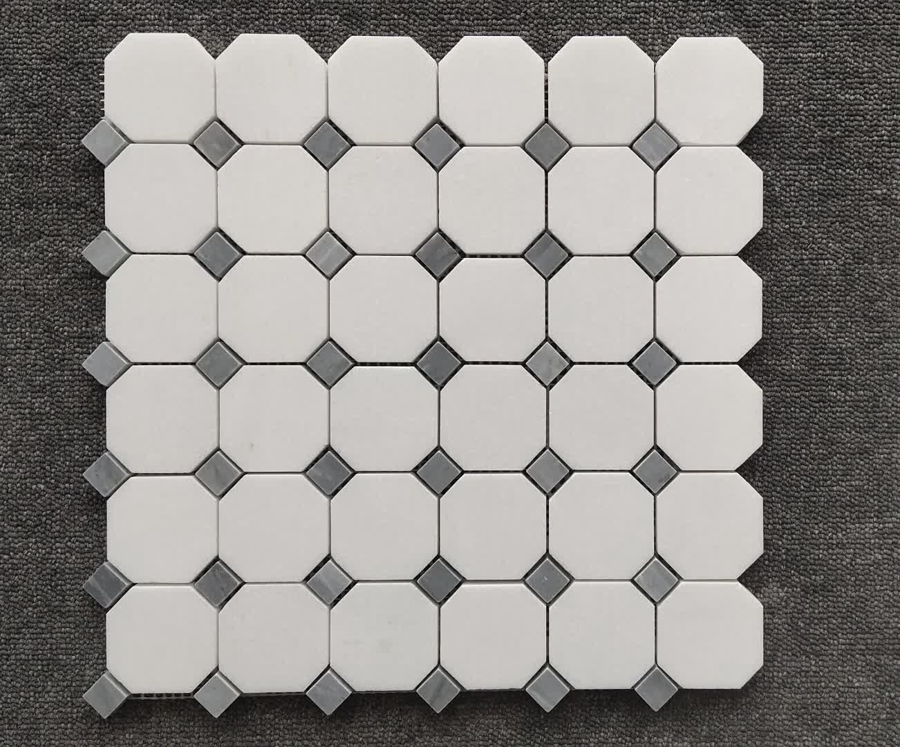 Greece Thassos White Octagon Mosaic Tiles With Grey Dots