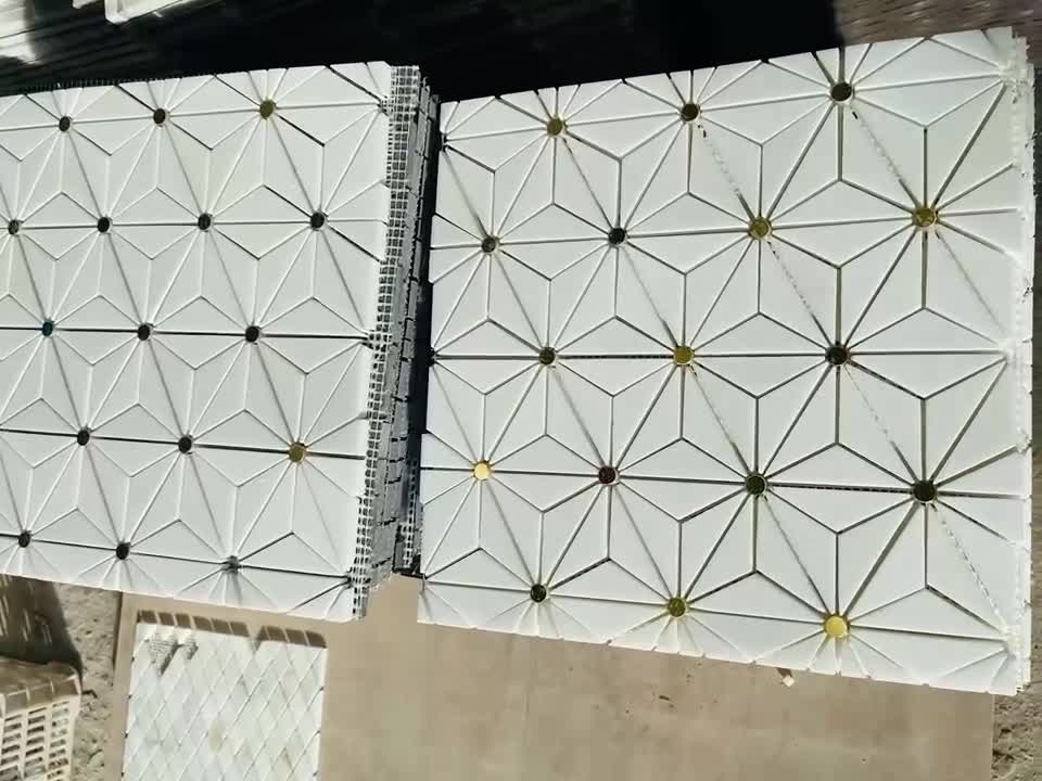 Crystal White Marble Mixed Brass Waterjet Mosaic Tiles