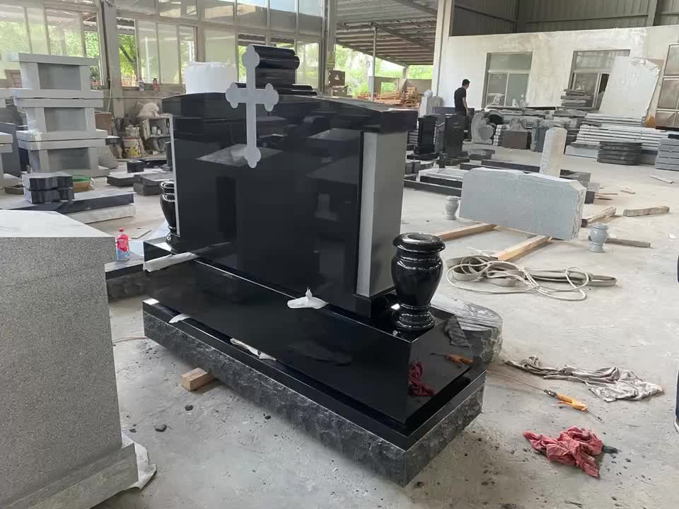Absolute Black Granite Monument With Sandblast Cross On Top