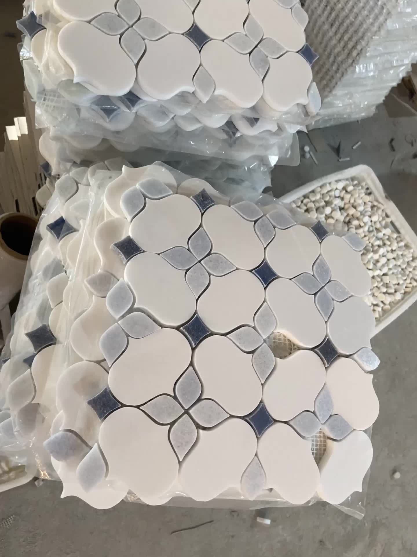 White Marble And Azul Macaubas Quartzite Mosaic Tiles