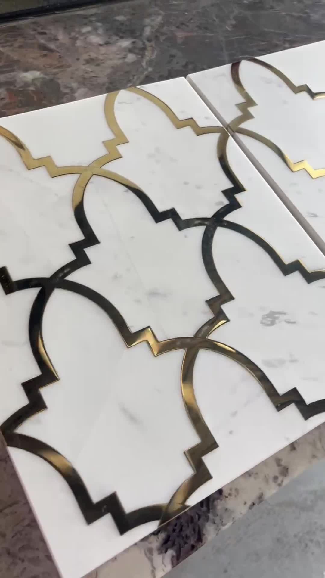 Ariston White Marble Inlay Brass Waterjet Medallions Pattern Wall Tile