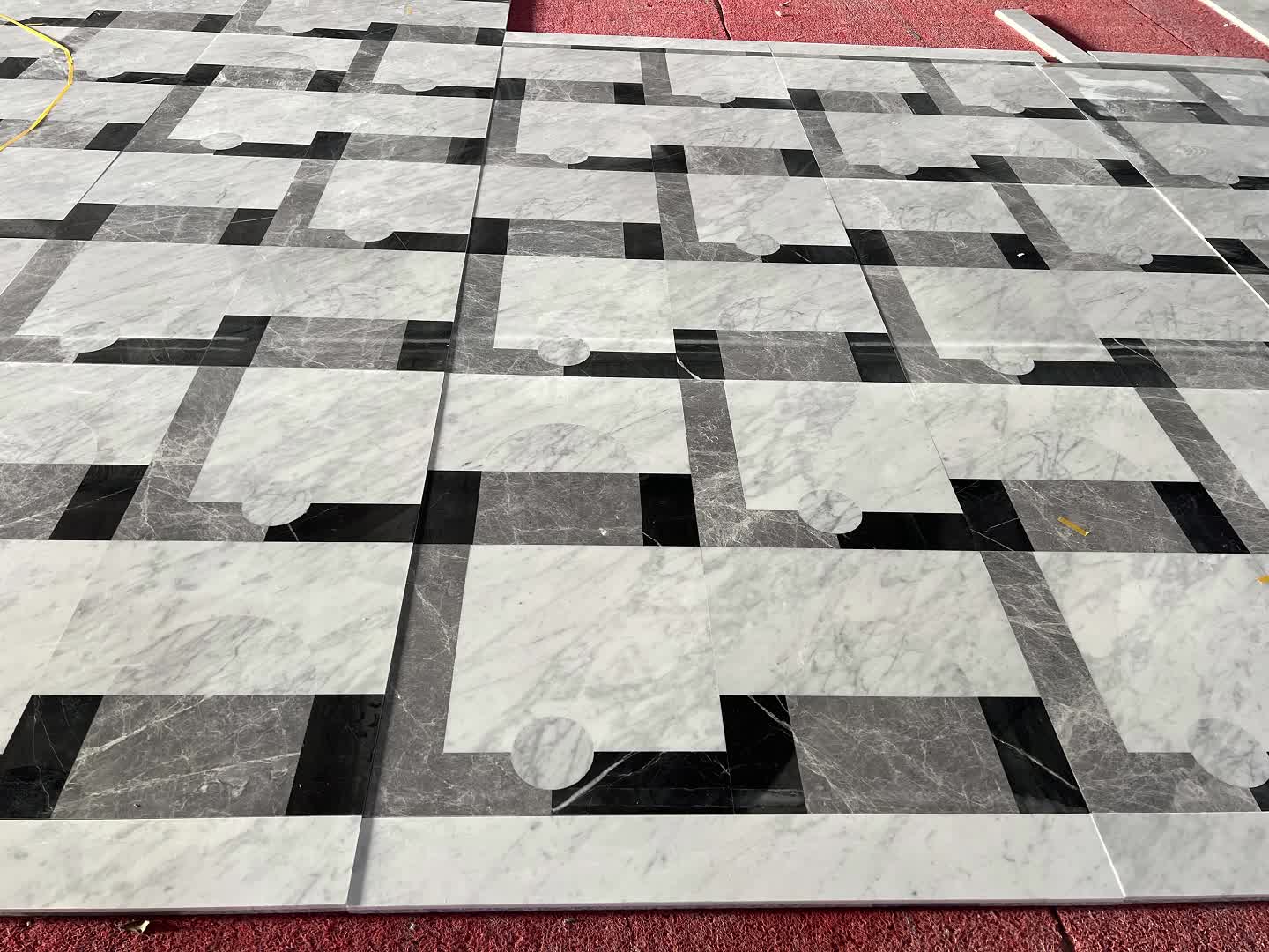 Black White Grey Marble Waterjet Cut Floor Mosaic