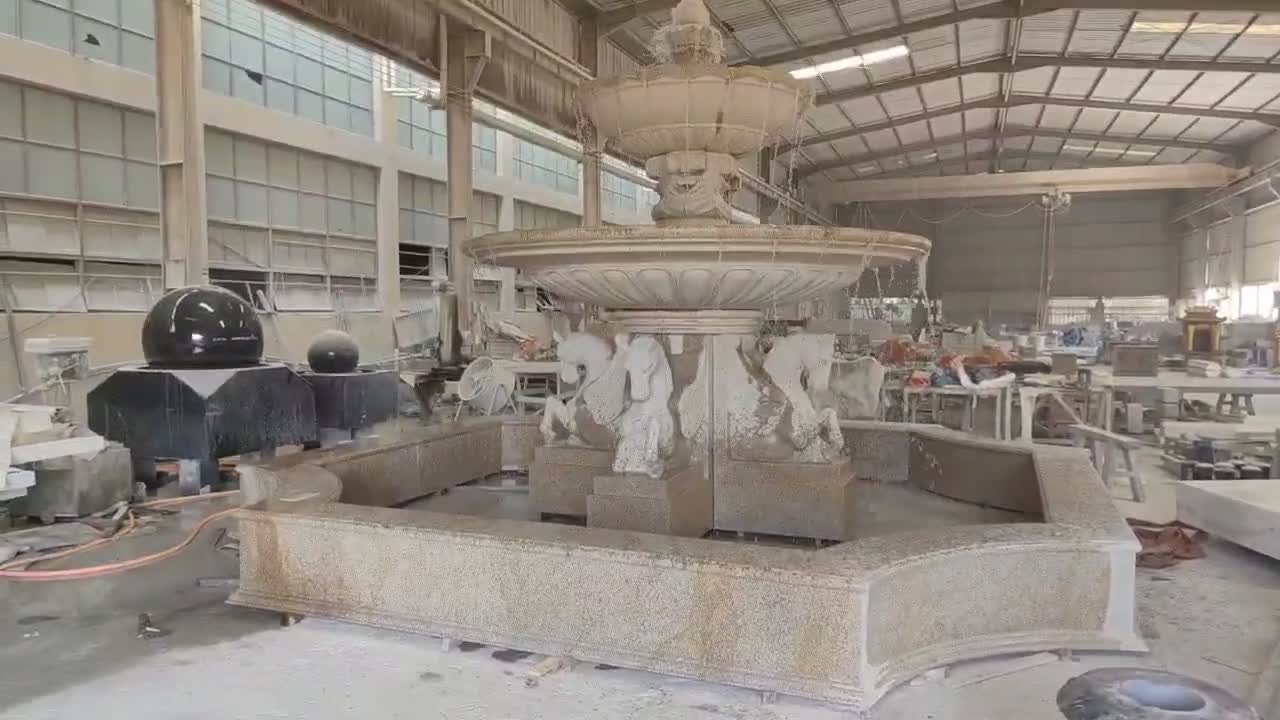 Carved Yellow Granite Horse 3-Tier Fountain For Garden Decor