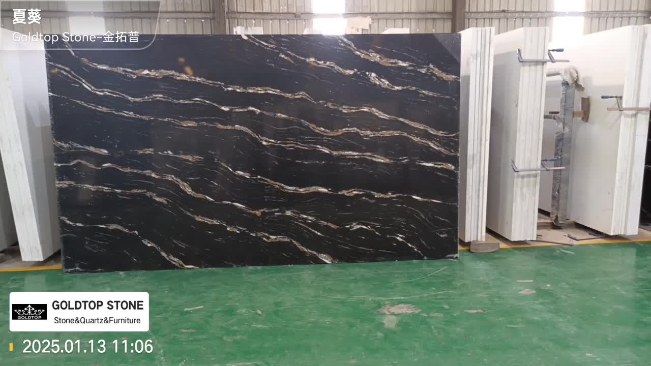 5126 Titanium Satin Black Quartz Slabs With Gold Veins